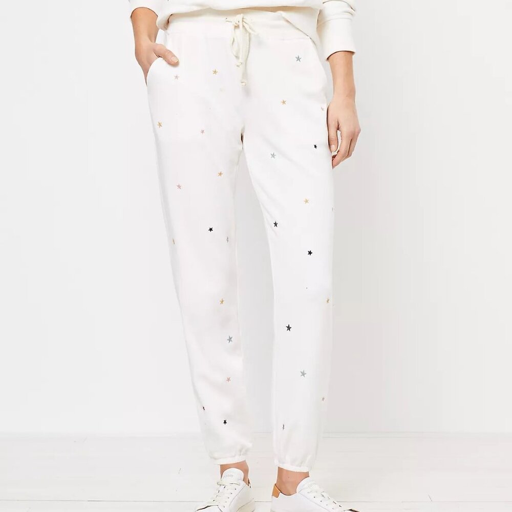 Lou & Grey Embroidered Star Terry Sweatpant Joggers White/Ivory Size XS Petite
